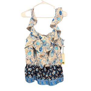 Nine Britton Blue Floral Paisley Ruffle Peplum Sleeveless Tank Top Large NEW